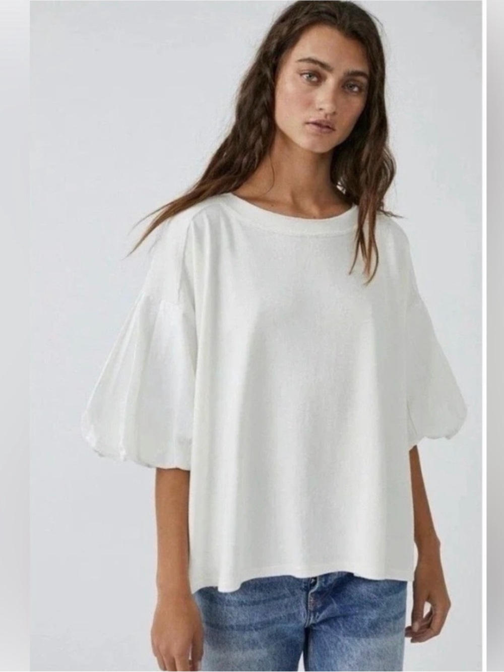 Free People White Puff Sleeve Short Sleeve Tee